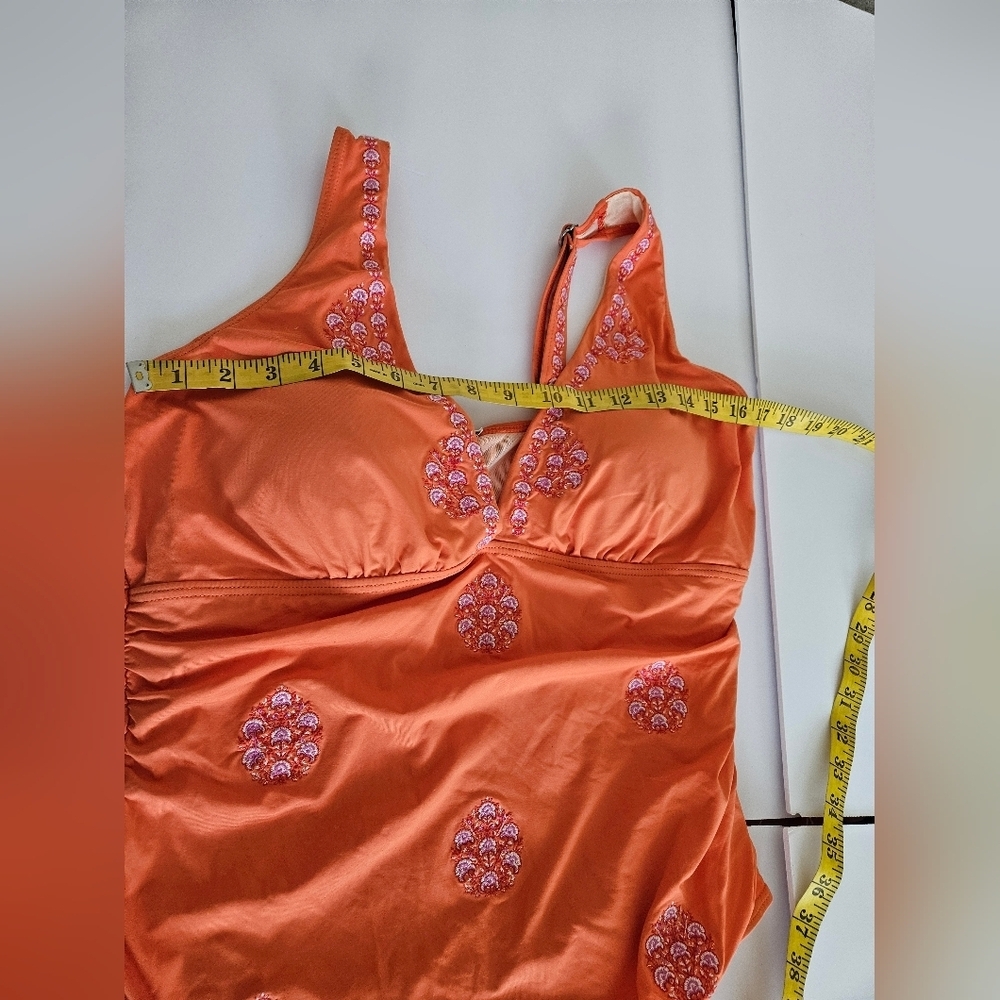 Sundance - Women's XL Orange One-Piece Swimsuit with Pink Floral Embroidery - Picture 7 of 11